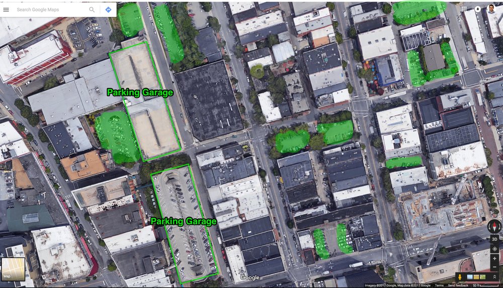 surface lots and parking garages within about two blocks